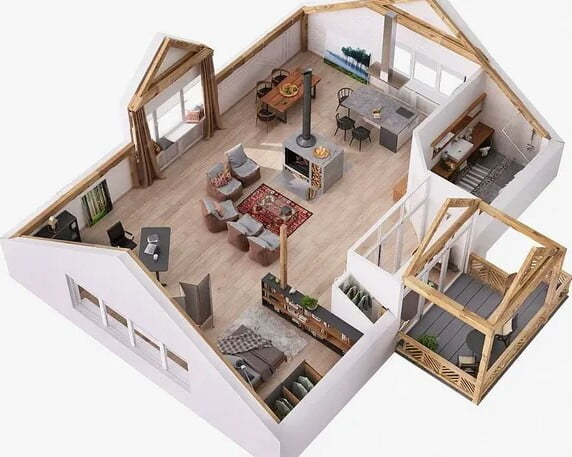 The layout of the interior of the house with one large room The layout of the interior of the house with one large room