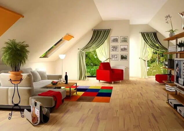 Luxurious living room in a modern attic interior