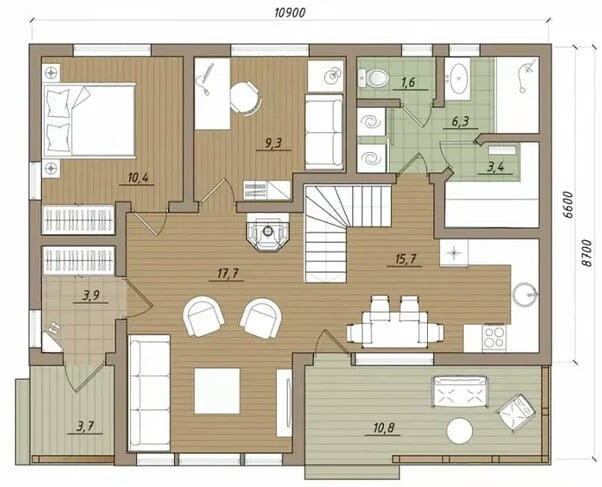 House plan with a large hall, living room and kitchen House plan with a large hall, living room and kitchen