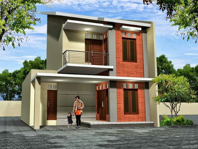 Design of a 2-storey house with a combination of red bricksh Design of a 2-storey house with a combination of red bricksh