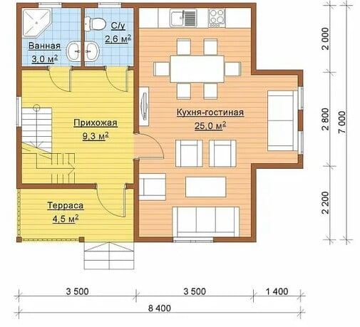 The layout of the house, the area of which includes a terrace The layout of the house, the area of which includes a terrace